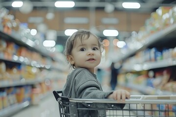 A cute toddler sitting in a shopping cart inside a grocery store, looking curiously at the camera.