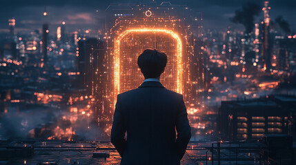 businessman stands confidently in a futuristic setting, surrounded by virtual cyber technology. This image symbolizes innovation, digital transformation, and the merging of business with technology