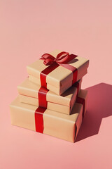 Stack of Christmas presents with red ribbon