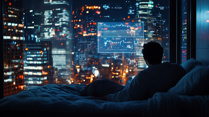 A person gazes out at vibrant city skyline filled with illuminated skyscrapers, reflecting on data displayed on screen. scene captures blend of technology and urban life, evoking sense of contemplatio