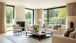 © VERTEX SPACE - A modern living room featuring large windows, elegant furniture, and cozy atmosphere. space is adorned with soft curtains, stylish coffee table, and beautiful floral arrangement, creating serene and i