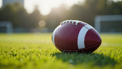 American football on green field at sunset