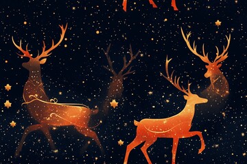 Wall Mural - A magical night scene featuring elegant, glowing reindeer silhouettes prancing among twinkling stars in a dark sky.