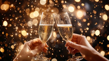 two hands with glasses of champagne cheering, celebrating a special event like New Year's