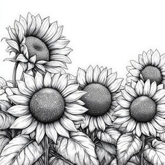 Sunflower ink and pencil line drawing flower, isolated on white background