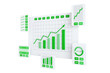 © Who is Danny - Green graph bars and statistics on white panels, white background, technology concept. 3D Rendering