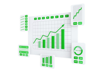 Fototapete - Green graph bars and statistics on white panels, white background, technology concept. 3D Rendering