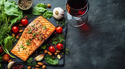 A grilled salmon fillet on a black slate plate surrounded by fresh spinach, cherry tomatoes, garlic, almonds, and spices. A glass of red wine is on the side.