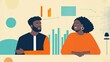 © PRIMPROW - A man and woman discussing business data insights, with a simple bar chart in the background and clean vector elements for a minimalist look.