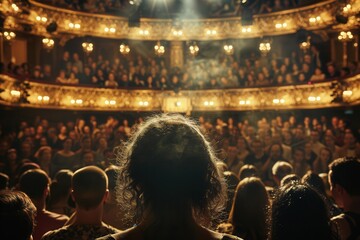 Aufkleber - A captivating theater performance unfolds as actors in costumes engage a captivated audience under elegant lighting. Generative AI
