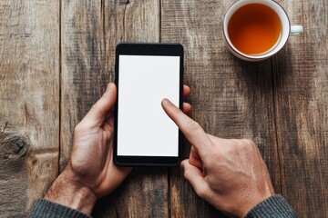 A person's hands hold a smartphone with a blank screen, with a cup of tea on a wooden table beside them.