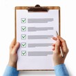 © TransPicHub - Hand holding clipboard with checklists and check marks.
