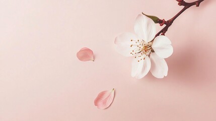 A minimalist cherry blossom composition featuring a single bloom and a falling petal, isolated on a light pastel pink background