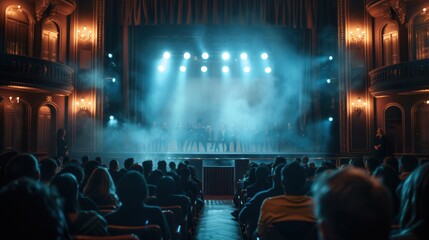 Aufkleber - The audience watches intently as actors in colorful costumes deliver a mesmerizing performance on stage amidst dramatic lighting. Generative AI