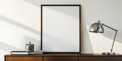 Poster - Blank picture frame leaning on modern wooden shelf with lamp
