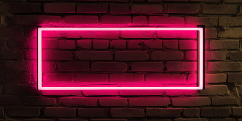 Poster - Pink neon light frame glowing on brick wall background