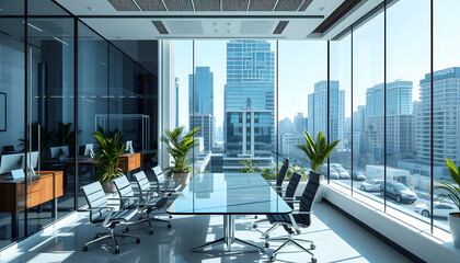 Wall Mural - Glass office interior with meeting table and coworking space, panoramic window isolated with white highlights, png