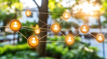 A network of interconnected people icons with a blurred background of a city park.