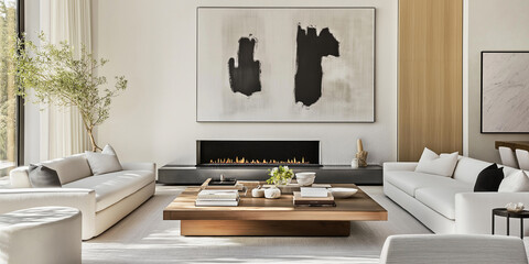 Aufkleber - Modern minimalist living room with large painting and fireplace