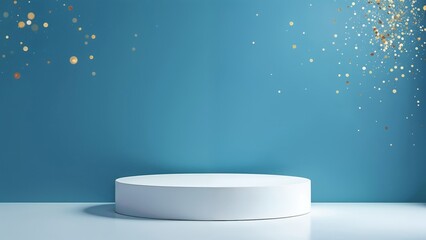 Clean, minimalist round white cylindrical podium for displaying cosmetic products or packaging stands against a blue background with golden sparkling particles falling around