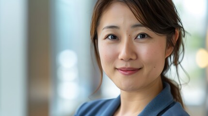 Wall Mural - A young Japanese woman smiles warmly against a soft, natural backdrop