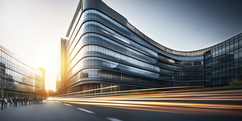 Poster - Business people walking near modern office buildings with light trails at sunset