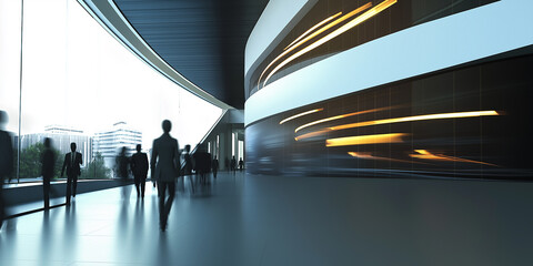 Poster - Business people walking in modern office hallway with curved glass walls