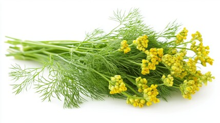 A bundle of fresh dill flowers with their delicate yellow-green blooms, isolated on a white background