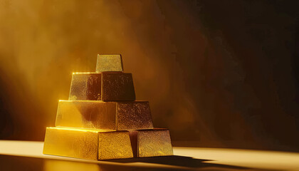 Stack of gold bars with the word gold on them. The bars are piled on top of each other, creating a pyramid shape. Concept of wealth and luxury, as gold is often associated with high value