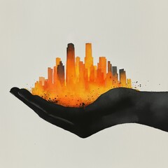 Hand embracing a fiery city skyline, artistic representation of urban energy.