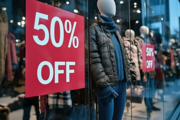 Storefront Window Display: A close-up of a beautifully decorated store window showcasing mannequins dressed in trendy outfits with large 