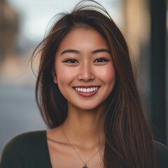 Wall Mural - A cheerful Asian woman enjoys her day, radiating happiness in a bustling city environment