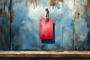 A red tag hangs on a blue wall. The tag is hanging from a hook on the wall