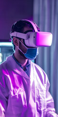 Hospital staff doctor with working vata protective mask and VR virtual reality glasses during work a doctor to diagnose and treat diseases. AI