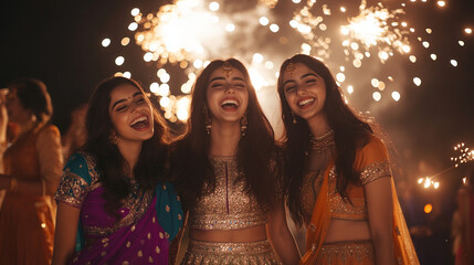 beautiful indian girl celebrating diwali festival of lights background