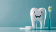 © Людмила Мазур - Toothbrush and toothpaste are next to a cartoon tooth. The toothbrush is blue and the toothpaste is white. The tooth is smiling and he is happy