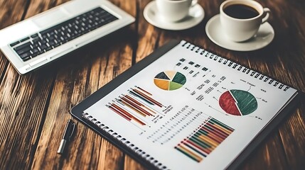 A wooden desk with a laptop, two cups of coffee, a pen, and a notepad with charts and graphs.