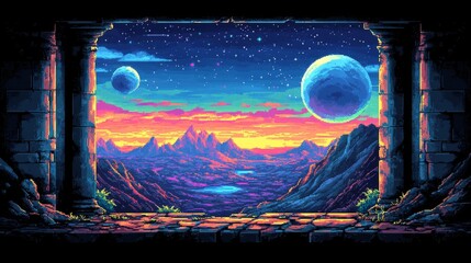 Stone pillars framing a vista of a pixel art alien world with two blue moons in a starry sky .