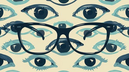 Poster - A pair of fashionable eyeglasses is showcased prominently amidst a creative pattern of stylized eyes, enhancing the visual appeal. Generative AI