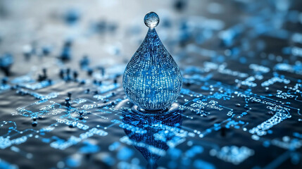 digital water drop icon features cascading binary code, symbolizing the fusion of technology and nature, representing data flow and innovation in the digital age