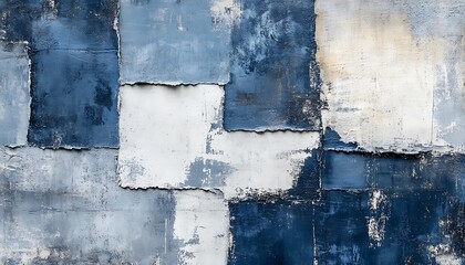 Aufkleber - A textured wall featuring a patchwork of blue and white panels, showcasing weathered paint and a rustic aesthetic.