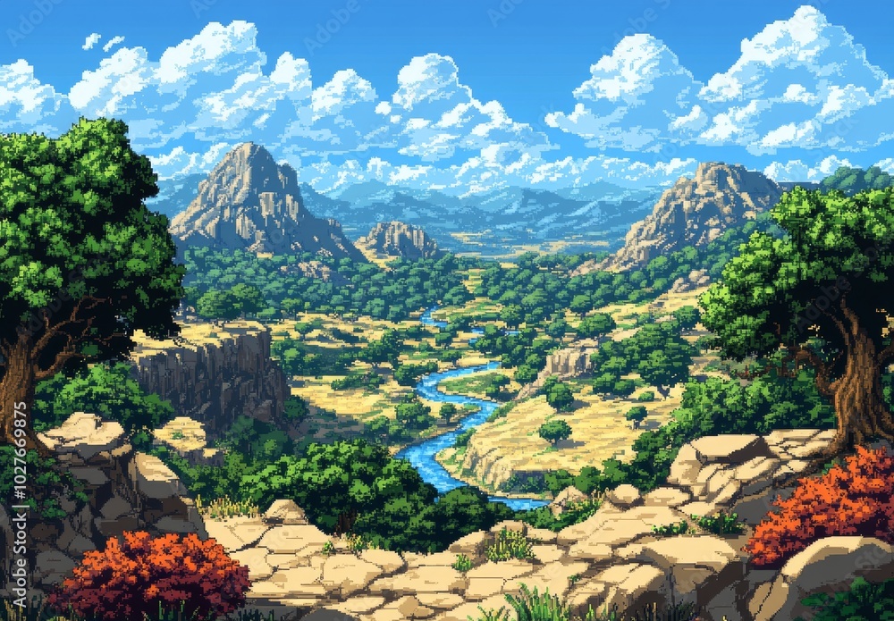 Two large trees on cliff overlooking valley with river flowing through ...