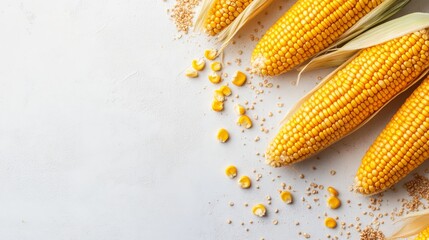 Sticker - Fresh corn on the cob on a white background with copy space.