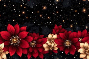 Wall Mural - Seamless pattern, A festive, elegant illustration featuring vibrant red and gold poinsettia flowers surrounded by dark leaves.