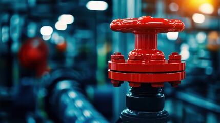 Poster - Red valve, industrial machinery close-up