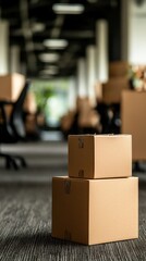 Poster - Empty office space with stacked cardboard boxes