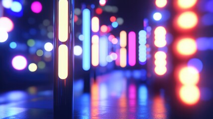 Wall Mural - Neon tubes in a futuristic setting, with out-of-focus bokeh lights creating a dreamy, vibrant night atmosphere