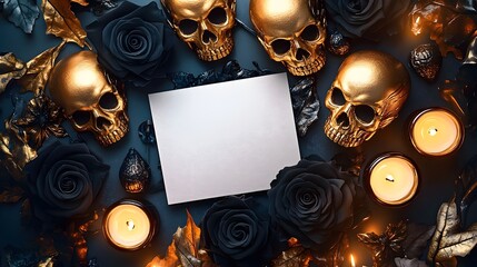 Blank mockup template of an invitation card nestled among golden skulls, black roses, and softly lit Halloween candles.