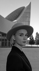 Stylish woman in black jacket and hat, modern architecture background, urban fashion, contemporary style. 
