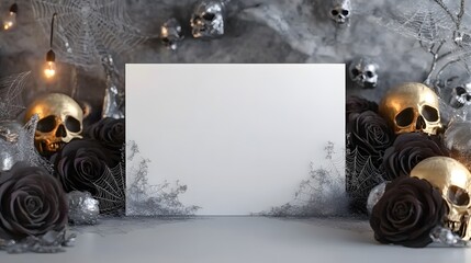 Blank mockup template of an invitation card surrounded by silver cobwebs, golden skulls, and dark roses with soft lighting.